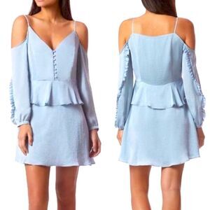 Avec Les Filles Womens Large blue Dress Peplum Ruffle Long Sleeves Cold Shoulder